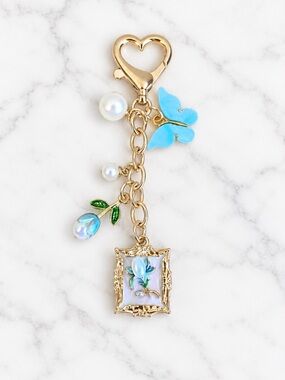 Bag Charm/Keyring-Pink and Blue Enamel Flower & Butterfly Charm-Gold Hardware
